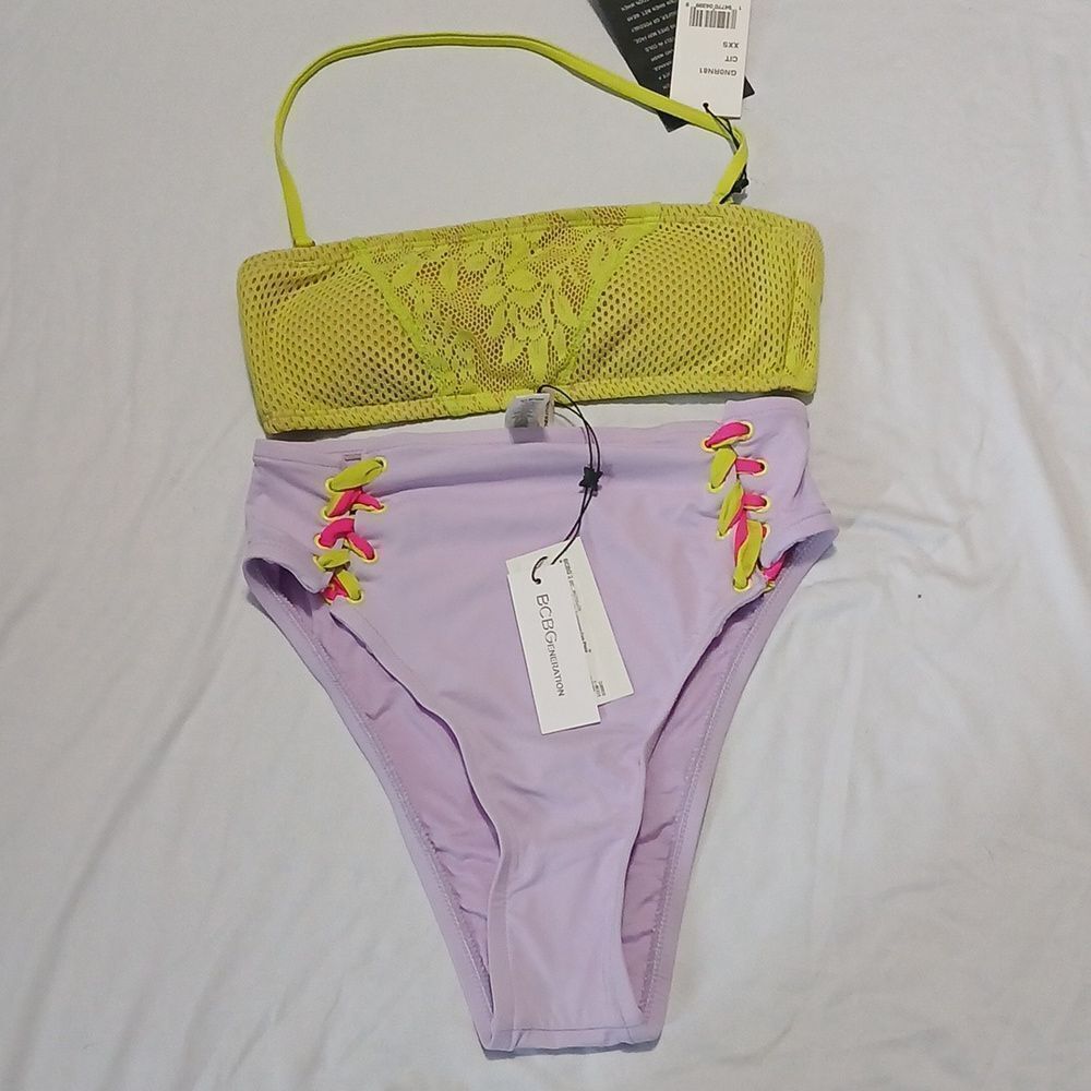 BCBGeneration  tube top  high waisted bikini  Lavendar and yellow Sz XXS NWT